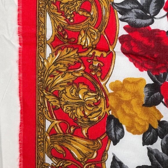 Stunning Vintage Floral Rose Print Scarf 30" Red Yellow Cottage Retro Art - Picture 6 of 9